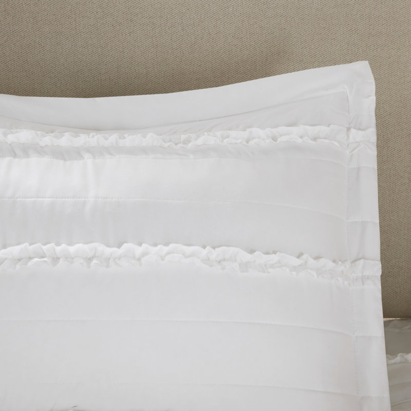 Ensemble d'édredon en microfibre à volants 5 pièces Celeste, Édredon de grand lit + 4 pièces additionnelles, Blanc