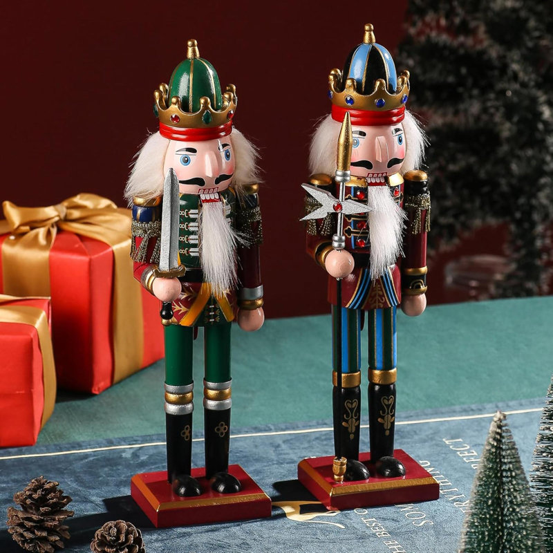 Figurines de Noël casse-noisette de Noël, ensemble de 2 très grand roi et soldat traditionnel en bois avec épée et lance, décorations de fêtes debout fabriquées à la main