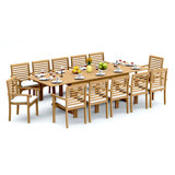 9 Pcs Grade-A Teak Wood Dining Set: 118" Double Extension Mas Rectangle Trestle Leg Table And 8 Hari Stacking Arm Chairs #11HR2508