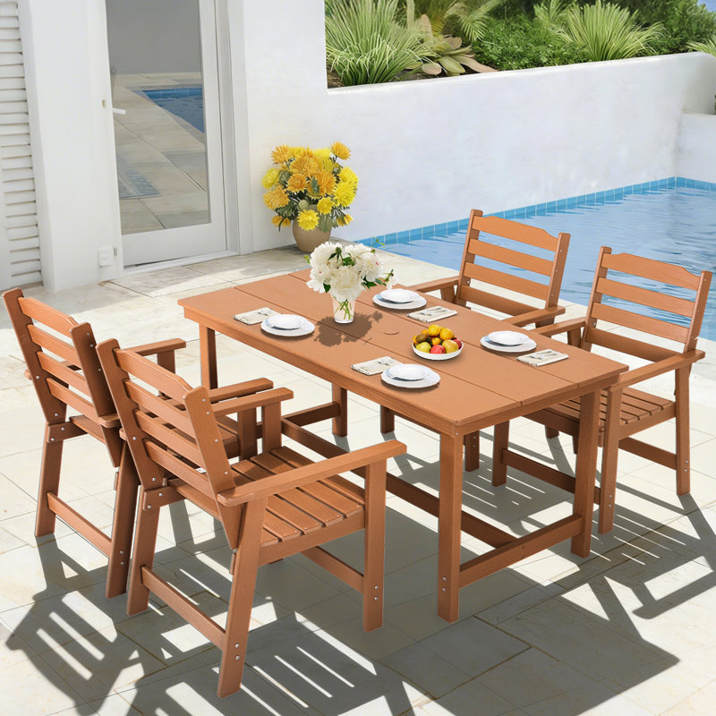 5-Piece HDPE Outdoor Dining Set, Brown, 4