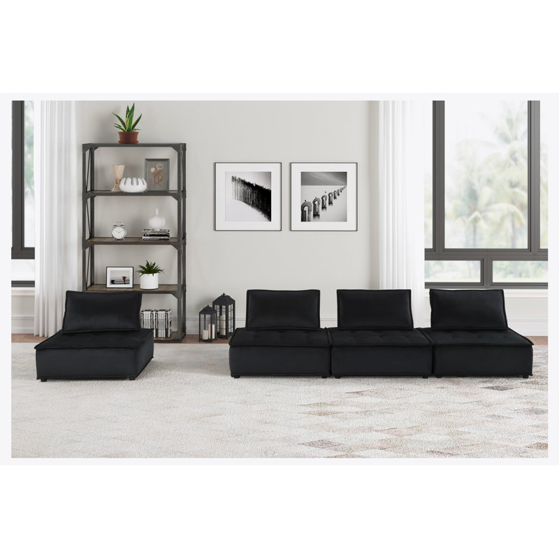 Sebron Recessed Arm Modular Sofa, Black Velvet, 29" H x 120" W x 40" D