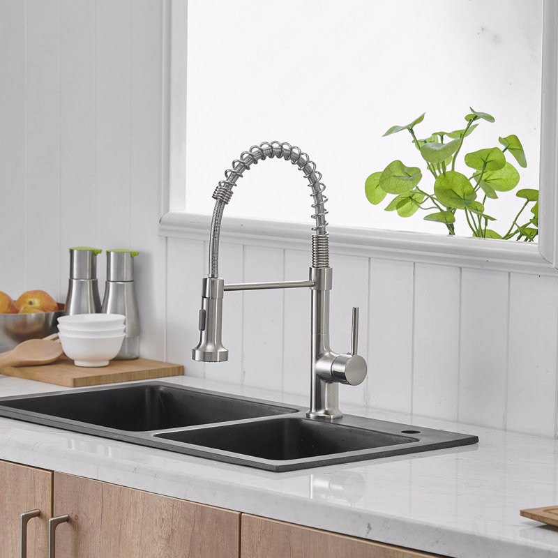 Robinet d'évier de cuisine à poignée simple avec douchette extractible, Nickel brossé