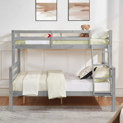 Twin Over Full Bunk Bed With Thick Posts,wooden Bunk Bed With High Guardrail And Ladder For Kids, Teens, Dorm Rooms, And Guest Rooms,no Box Spring Needed,grey