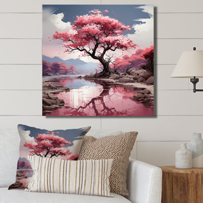 Cerisier rose en fleurs dans la rivière I - Art mural cerisier en fleurs