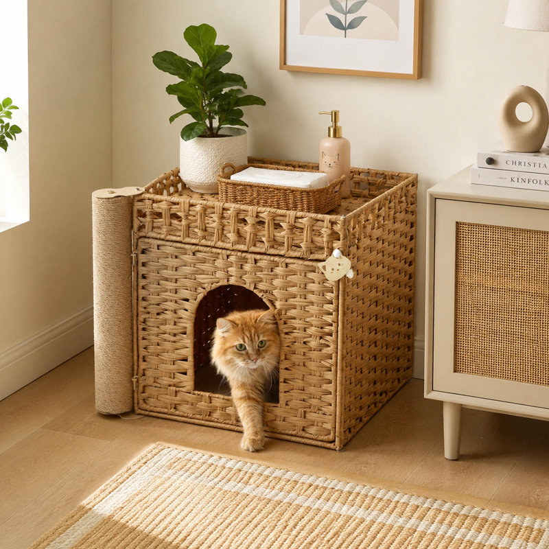 Enceinte de litière pour chat avec poteau à griffer, meuble de litière en rotin caché à la main avec tapis de litière