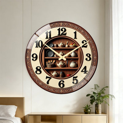 Carved vintage wood wall clock printed with kitchen shelf teapot & tableware decor, sleek flat black 2D numerals, silent quartz movement & tempered glass front. Farmhouse kitchen wall ornament for home kitchens and country diners.