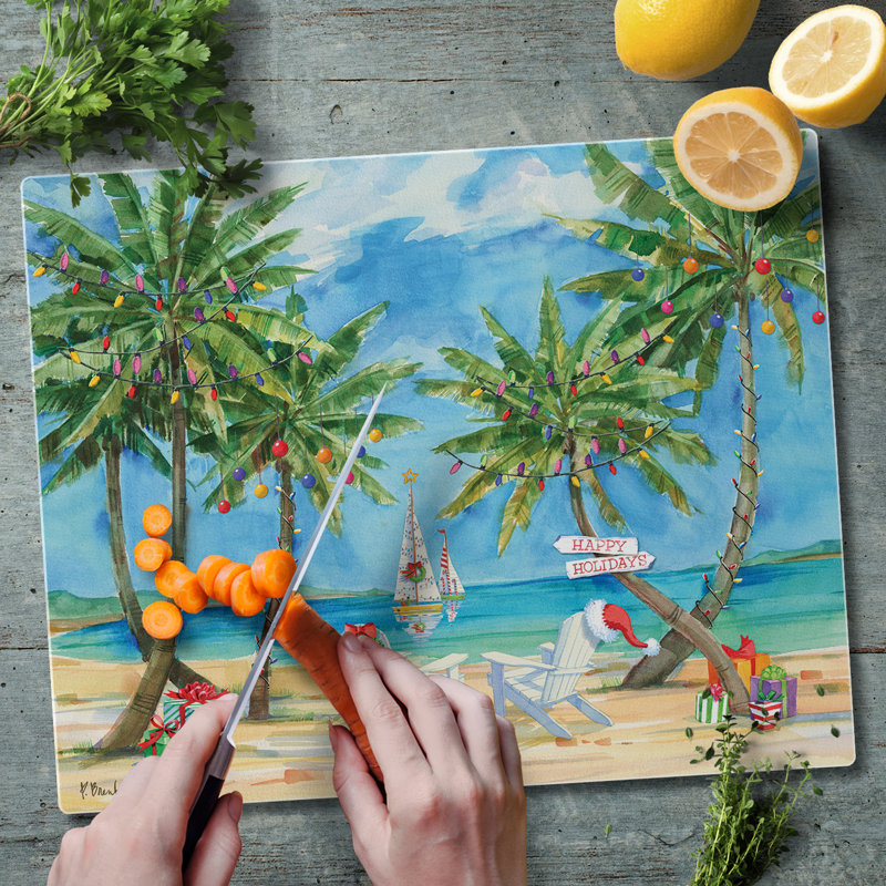 Holiday Palms Rectangular Tempered Glass Cutting Board