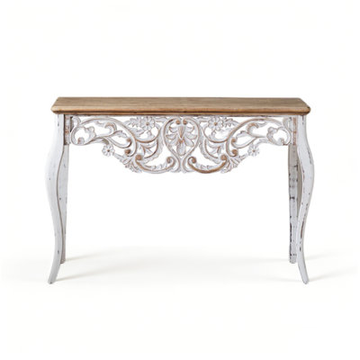 Shabby Chic Solid Wood Console Table, Distressed Two-Tone Floral Carved Curved Leg Narrow Entryway Sofa Table For Display