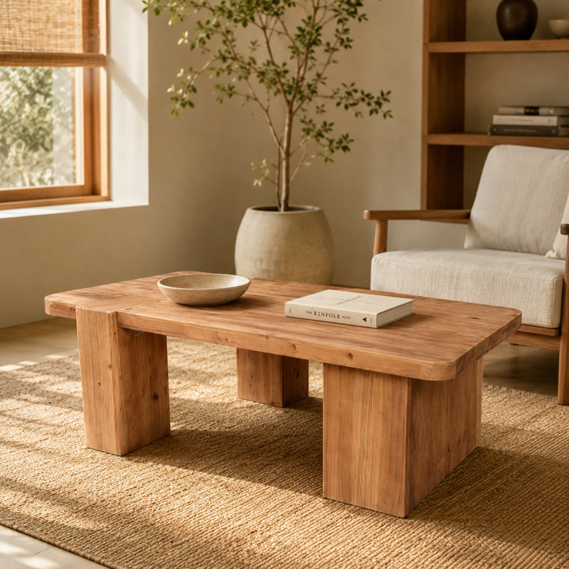 Solid Wood Coffee Table, Walnut Finish Rustic Rectangular Low Table with Thick Top and Panel Legs for Living Room