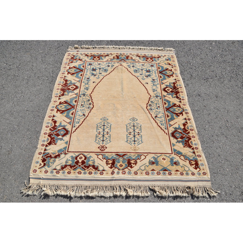 Tapis en laine rétro Oushak turc beige idéal pour les bureaux et les cadeaux tribaux - 7690