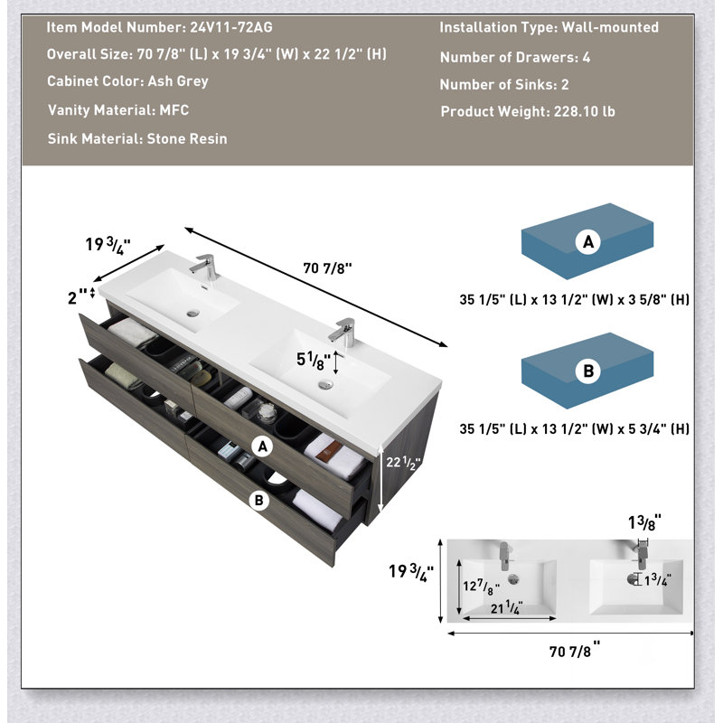 Meuble-lavabo flottant avec lavabo, meuble-lavabo mural moderne avec deux lavabos en quartz et quatre tiroirs à fermeture en douceur, 24V12-72GR