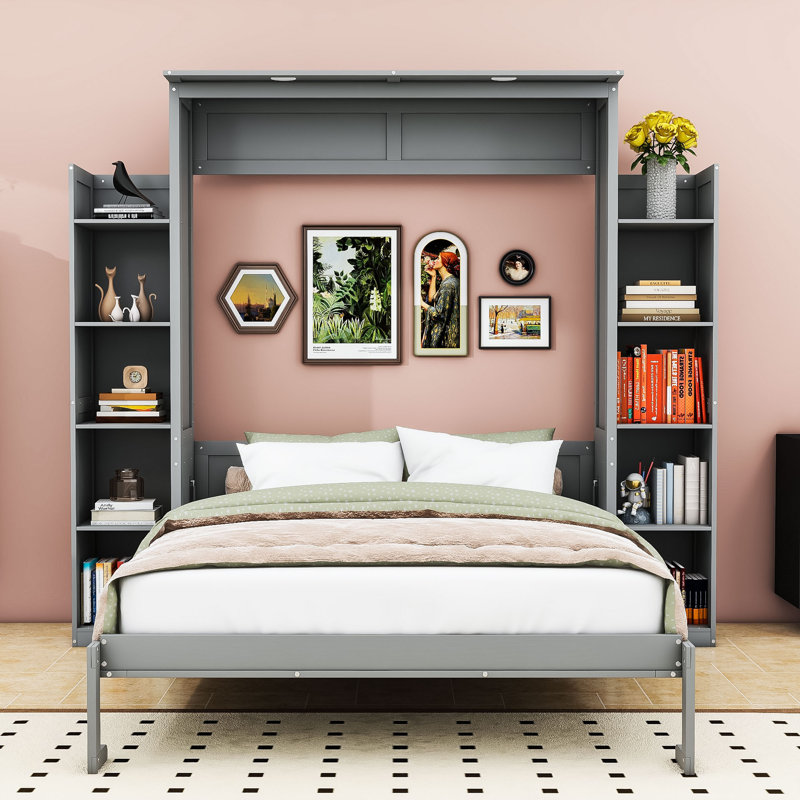 Lit escamotable avec tablettes intégrées et lumières DEL, Grand lit, Gris