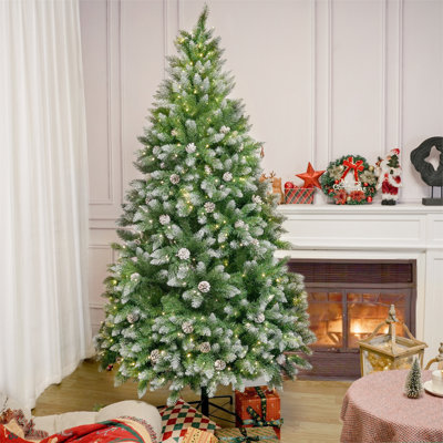 Arbre de Noël artificiel illuminé illuminé avec flocons de neige et pommes de pin 5 pi / 6 pi / 7 pi Stephanie
