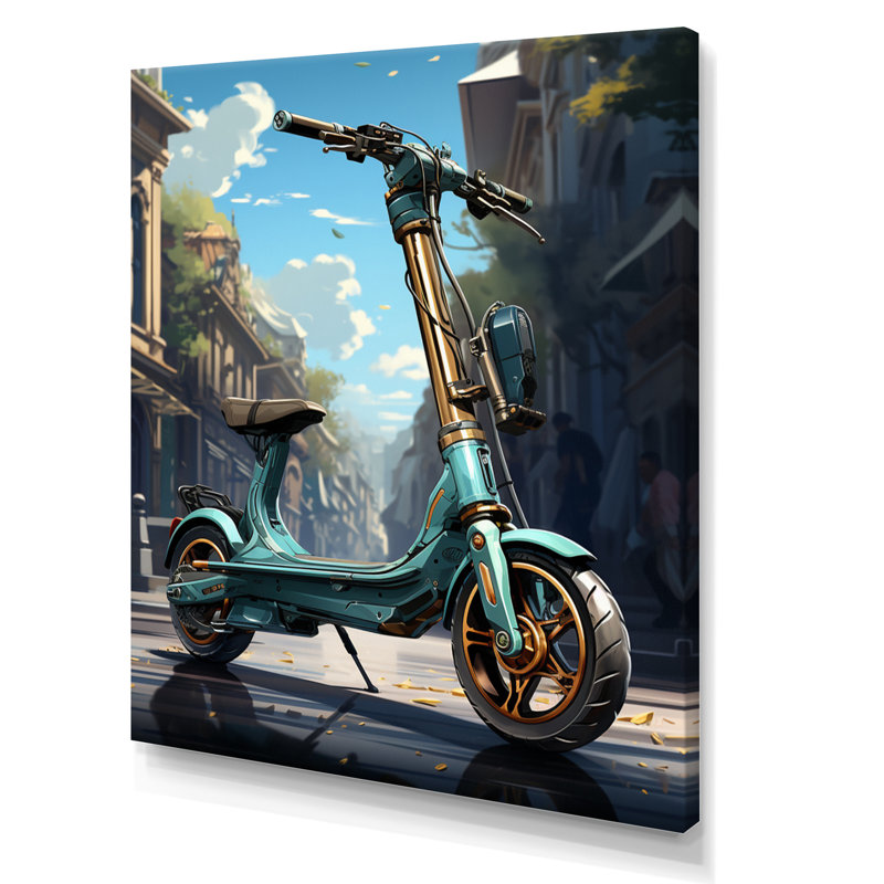 Glissière électrique turquoise et scooter électrique - impressions d'art mural, H 20 po x l 12 po x P 1 po, Toile tendue
