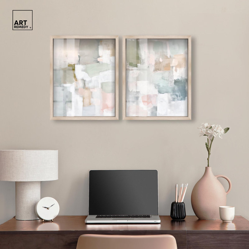«Serene Abstract Duo Shadowbox», ensemble d'art mural abstrait par Art Remedy, H 21 po x l 17 po, Cadre blond
