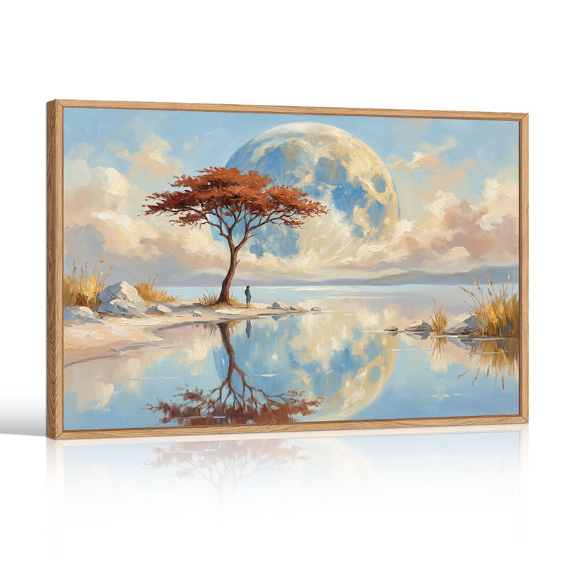 Tableau sur toile représentant une lune géante au-dessus d'un arbre rouge et le reflet d'une personne dans l'eau