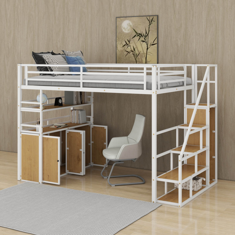Lit mezzanine double en métal avec escalier de rangement, garde-robe, tablettes et casiers, Blanc