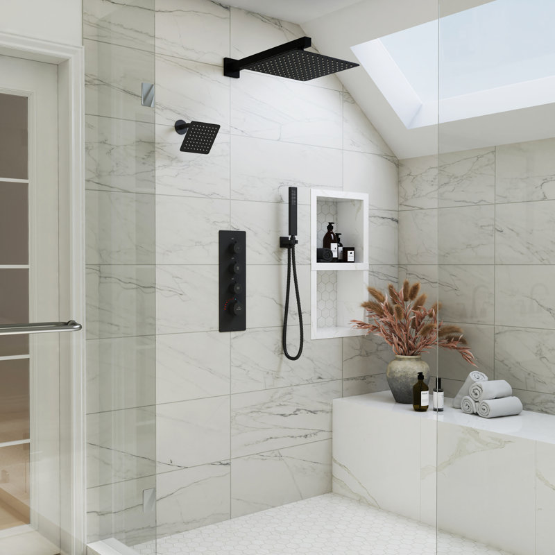 Système de douche thermostatique mural à 3 fonctions Regen avec douchette à main et valve brute, Noir mat