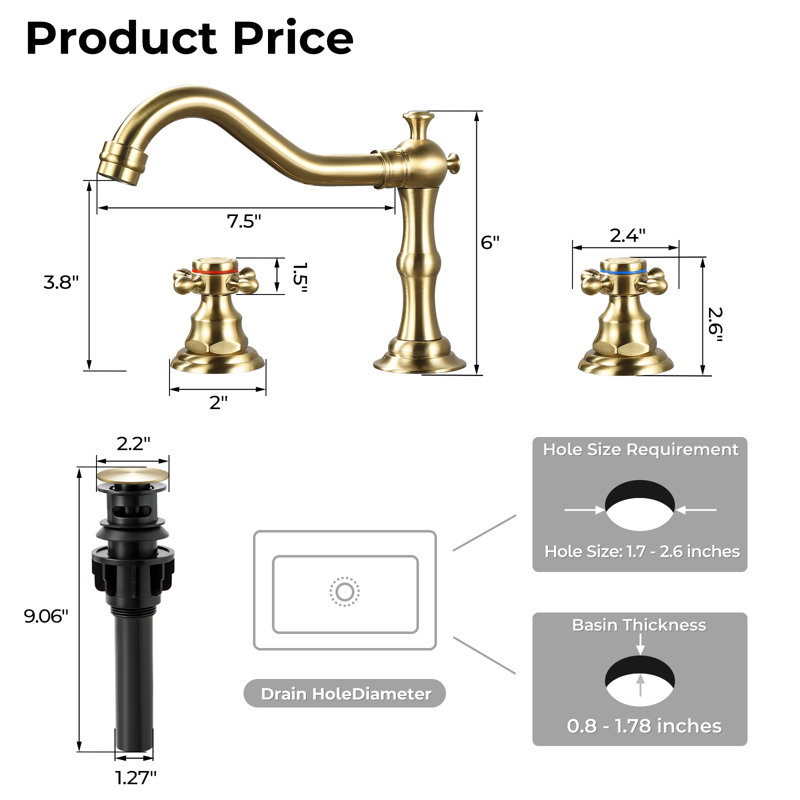HGN 8 inches 3 Holes  Bathroom Faucet with Pop-up Drain, Gold