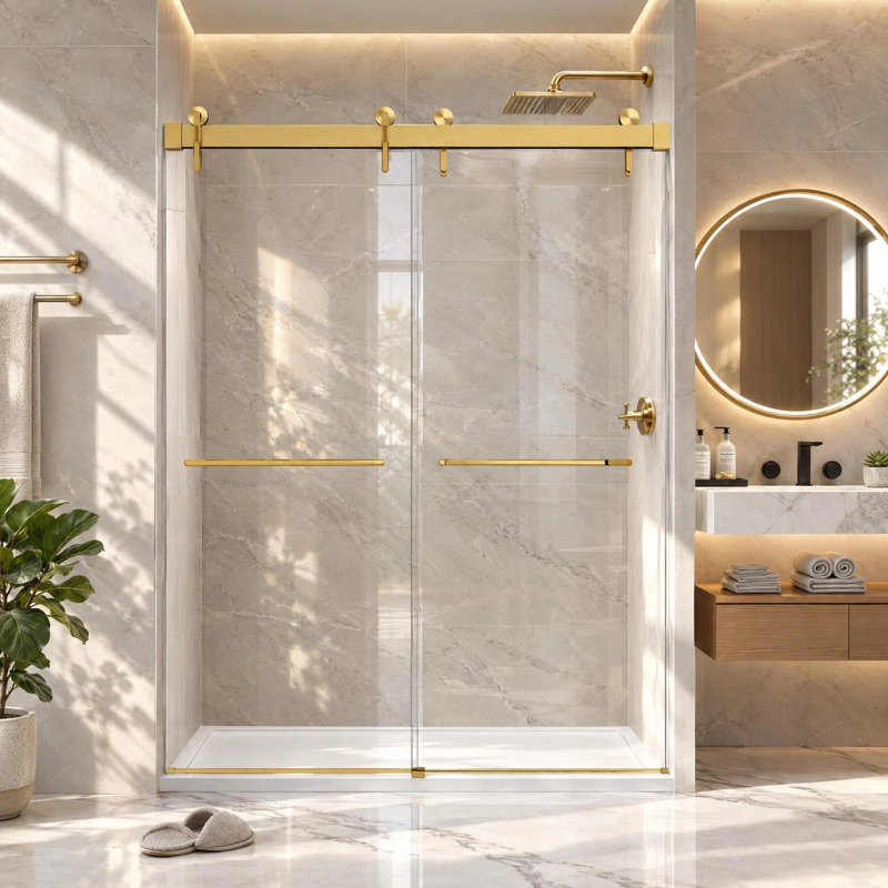 72 in. W x 76 in. H Sliding Frameless Shower Door with Clear Glass, Or brossé