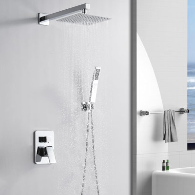 10 Inch Chrome Square Rain Shower System, Wall Mounted Rain Shower Head With Handheld Spray, Complete Bathroom Shower Kit