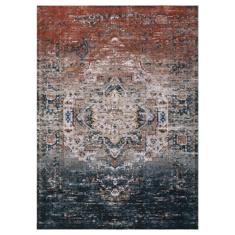 Washable Vintage Ombre Area Rug - Low Pile, Non-Slip Ultra-Thin Accent Carpet for Living Room, Blue/Orange, 5x7ft