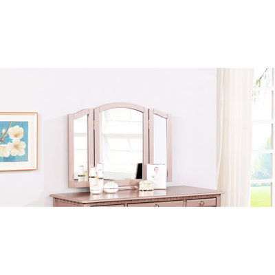 Coiffeuse contemporaine pour chambre à coucher, fini or rose, miroir pliable, tiroirs et tabouret rond rembourré gris, en bois d'hévéa massif avec cinq espaces de rangement combinés.