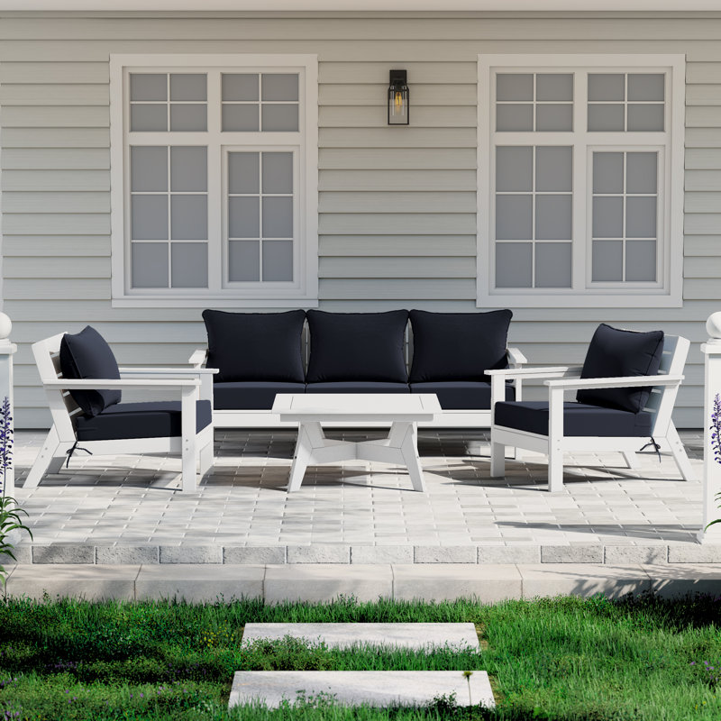 6-Piece Deep Seating Set, White, Navy Blue
