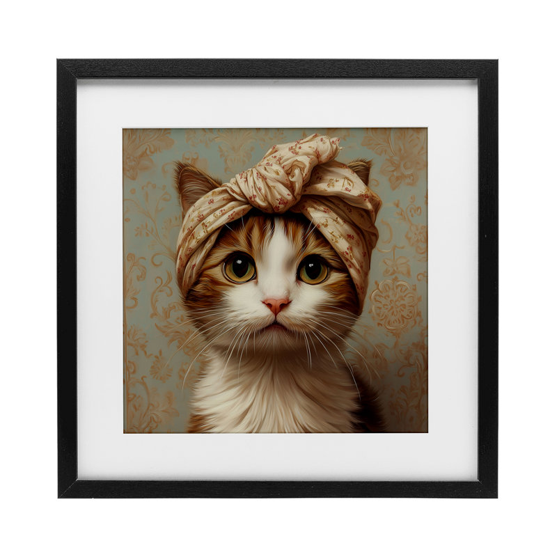 Chat avec Turban tendance, reproduction encadrée sous verre, design par Jim Baldwin, H 13 po x l 13 po, Cadre noir minuit