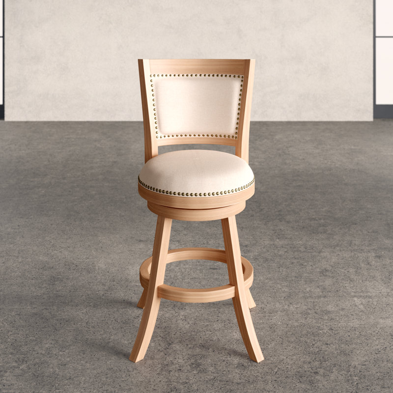 Driftwood Wire-Brush Swivel Barstool with Linen Upholstery and Brass Nailheads