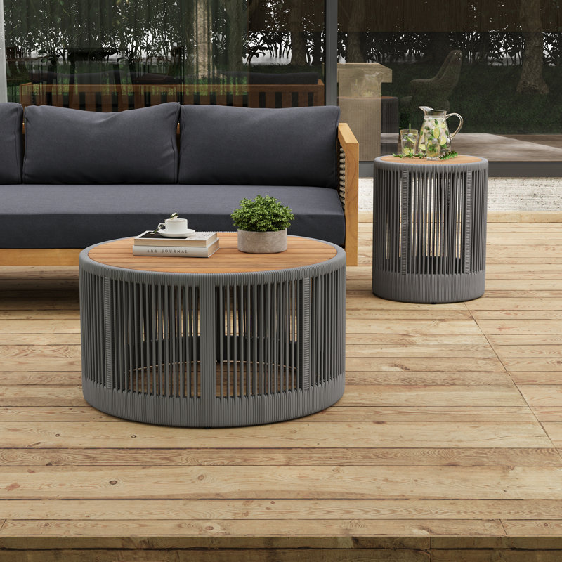 Coffee Table & Side Table with Woven Rope Design, Gray