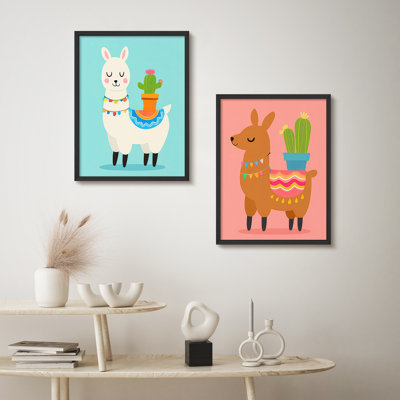Ensemble de 2 art mural encadré lama et cactus ludique