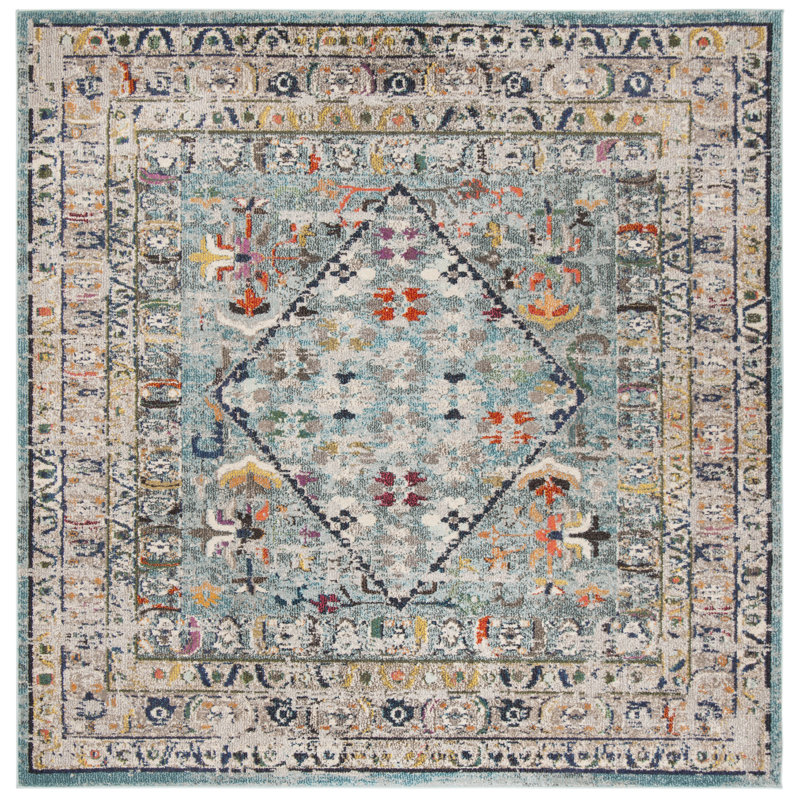 Hertzler Oriental Blue/Light Gray Area Rug, Square 6'7"