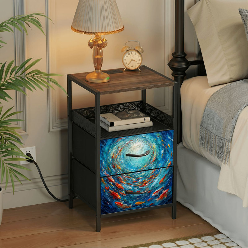 Table de chevet 2 tiroirs avec station de charge, table de chevet avec ports USB et amp; Table de chevet noire Outlets