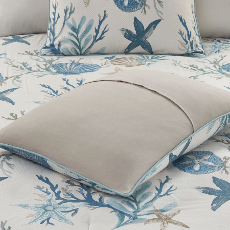 California King Aqua Cotton Coastal Comforter Set with Decorative Pillows