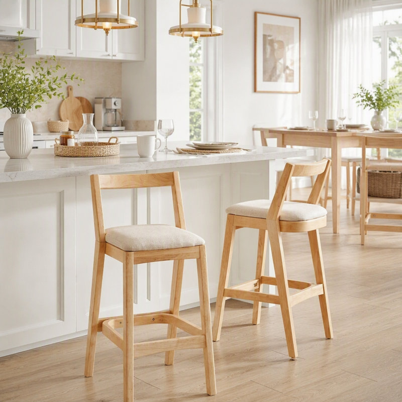 Ensemble de 2 tabourets d'intérieur en bois d'hévéa avec sièges rembourrés confortables et dossiers ergonomiques pour divers espaces