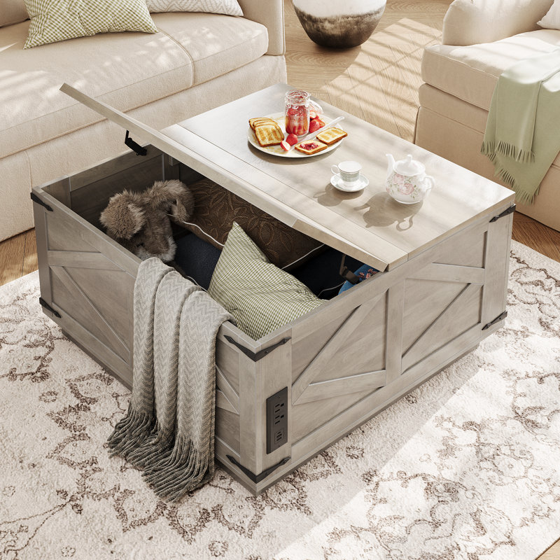 Farmhouse Lift Top LED Coffee Table With Storage, Gray Top/Gray Base