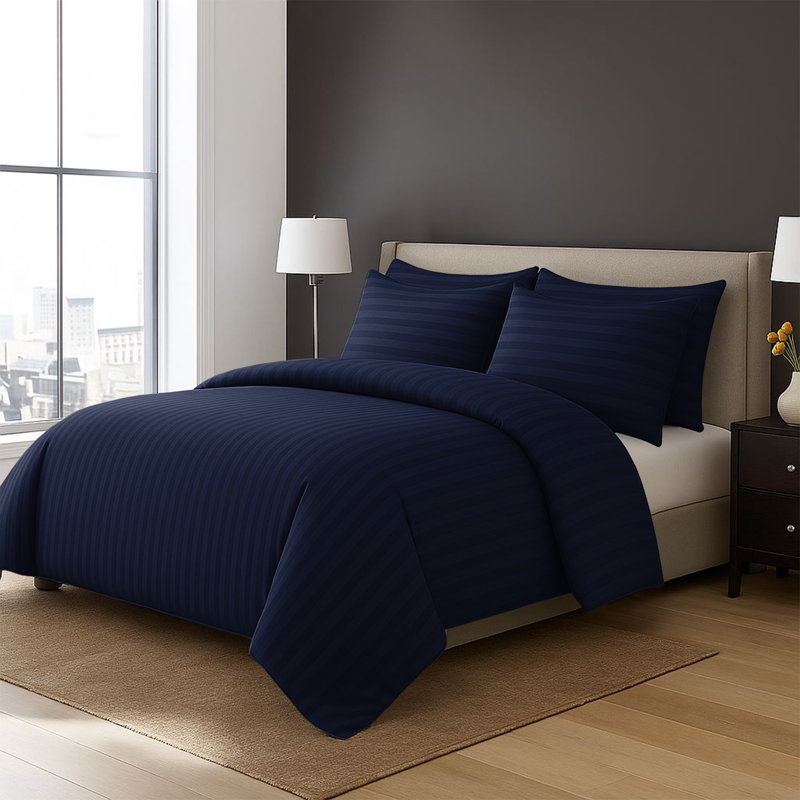 4-Piece Striped High Quality Duvet Cover Set with Fitted Sheet & 2 Pillowcases , Navy