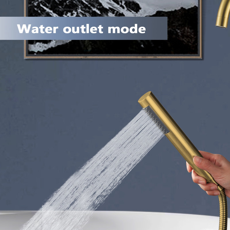 Double Handle Floor Mounted Tub Filler With Handshower, Brushed Brass