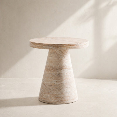 Modern Round Magnesium Oxide End Table, 22.8" Wabi-Sabi Side Table with Tapered Base, Matte Faux-Stone Finish for Living Room & Sofa