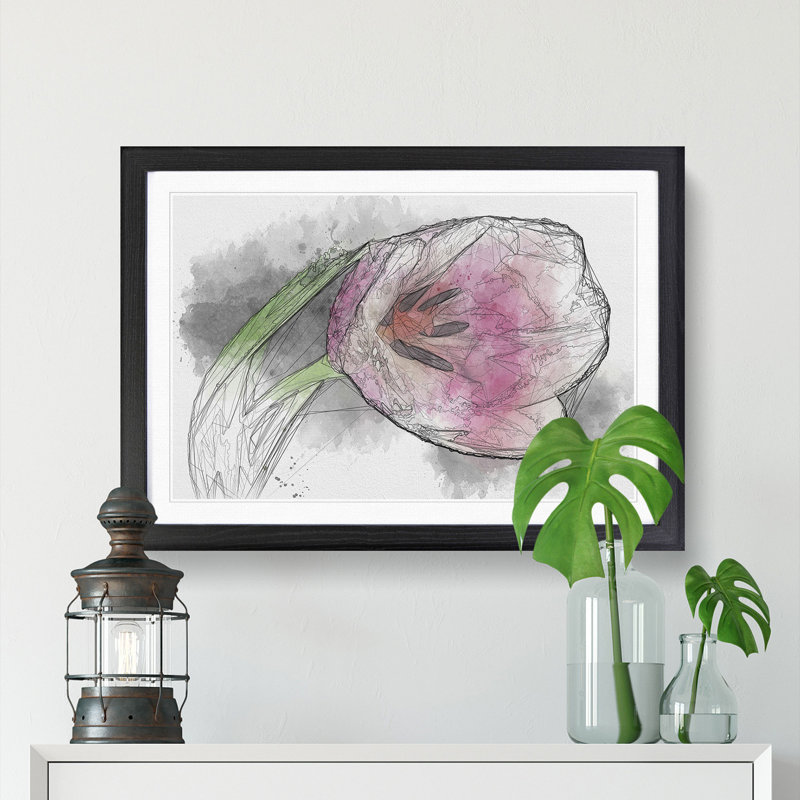 Pink Tulip Sketch - Picture Frame Graphic Art Print, Black Framed, 62cm H x 87cm W x 2cm D