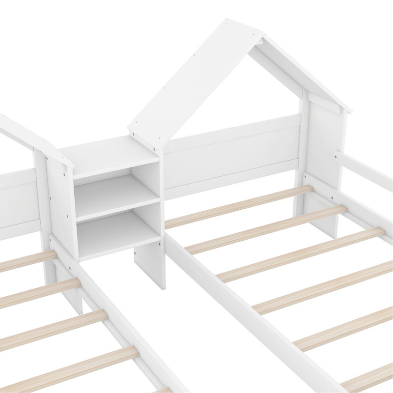 Lit plateforme simple double avec tête de lit en forme de maison et table de chevet intégrée, blanc