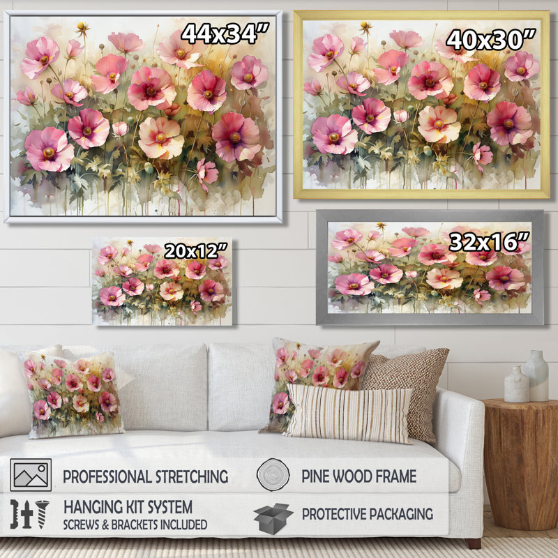 Reproduction d'art rose sur fond rose bouton d'or II - Buttercups, Toile avec cadre flottant noir