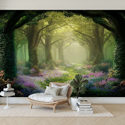 Peel and Stick Wallpaper 96" W x 69" H Modern Self Adhesive Wall Mural for Bedroom Magic spring forest blooming flowering road Fantasy Fairy tale