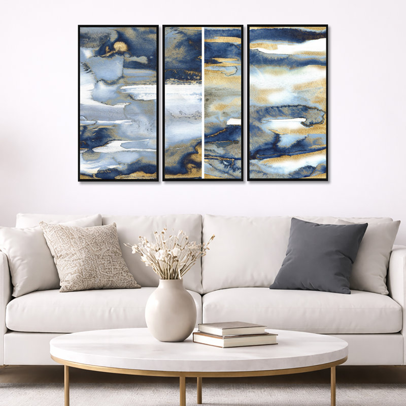 Art sur toile abstrait bleu foncé et or II, Noir, noir, noir, noir, H 20 po x l 36 po