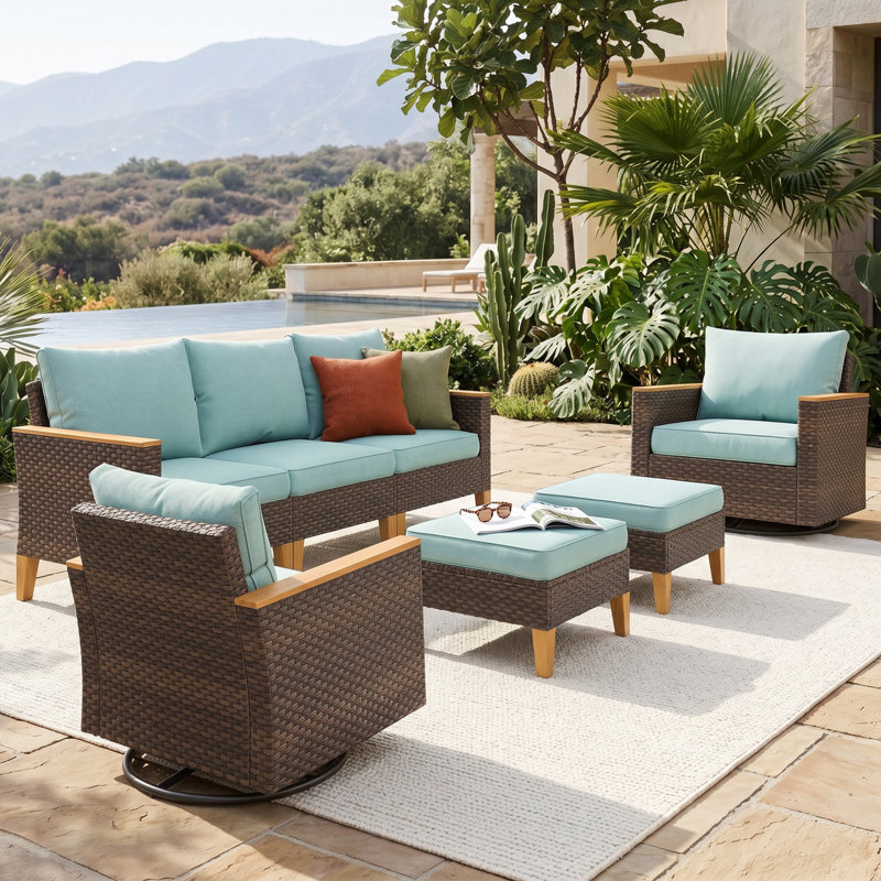 Outdoor Wicker Patio Conversation Furniture Set With Swivel Chairs And Firepit Table, No, 5 Pcs: Sofa, 2 Chairs, 2 Ottomans