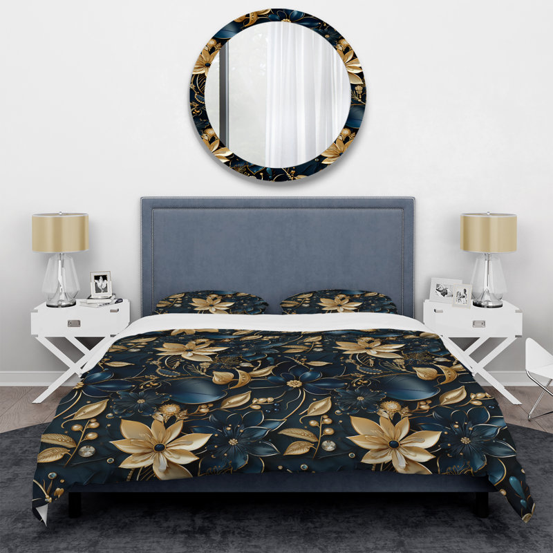 Ensemble de housse de couette glamour doré et saphir élégant, Housse de couette simple + 1 taie décorative stan