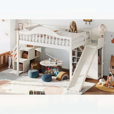 Lit mezzanine double avec escalier de rangement, glissade et garde-robe intégrée, garde-corps haut élégant, structure en bois pour les chambres à coucher et les dortoirs, beige