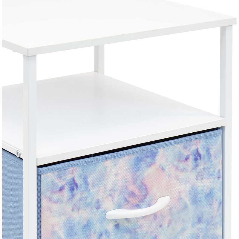 Sorbus 1 Drawer and Shelves Nightstand with Steel Frame, Wood Top & Fabric Bins in Tie Dye, White - Blue