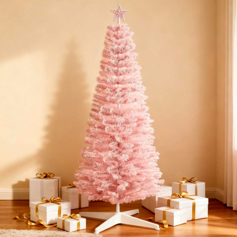 Arbre de Noël artificiel enneigé avec forme de crayon, branches réalistes, H 4,9 pi, Rose